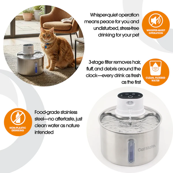 Cat Mate 2.2 Literes Rozsdamentes Acél Kisállat Ivókút - ÖNITATÓ (850) - CloserPets
