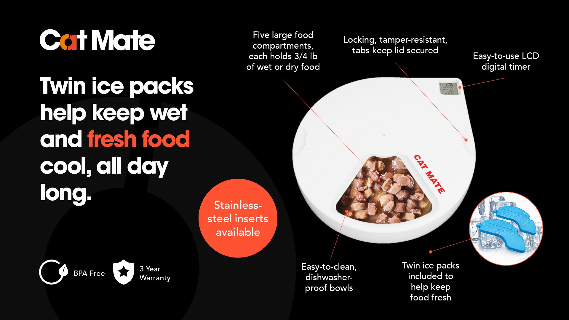 Cat Mate C500 5 adagos automata etető rozsdamentes acél tállal - Closer Pets- Szürke